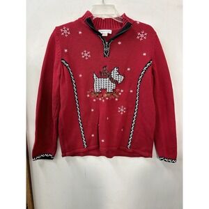 Christopher Banks Christmas Sweater Red M Scottie Dog Quarter Zip Embellish Flaw